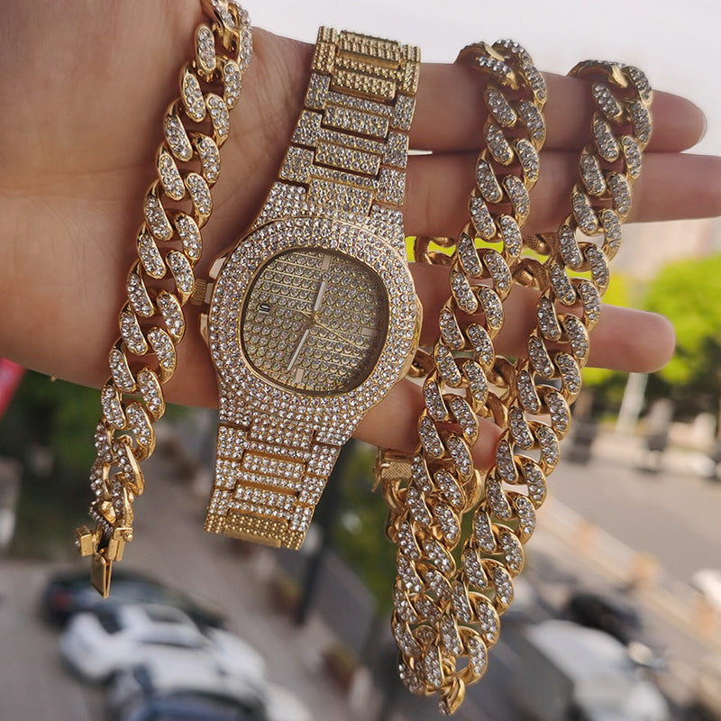 Full Diamond Watch 12mm Gold Plated Necklace Bracelet