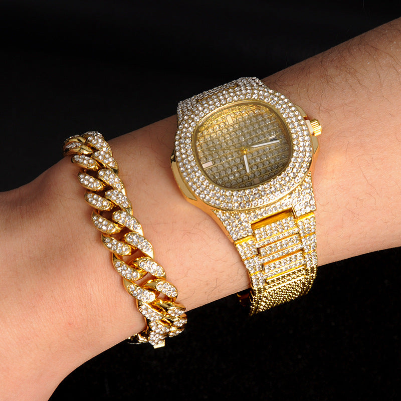 Full Diamond Watch 12mm Gold Plated Necklace Bracelet