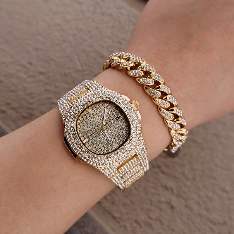 Full Diamond Watch 12mm Gold Plated Necklace Bracelet