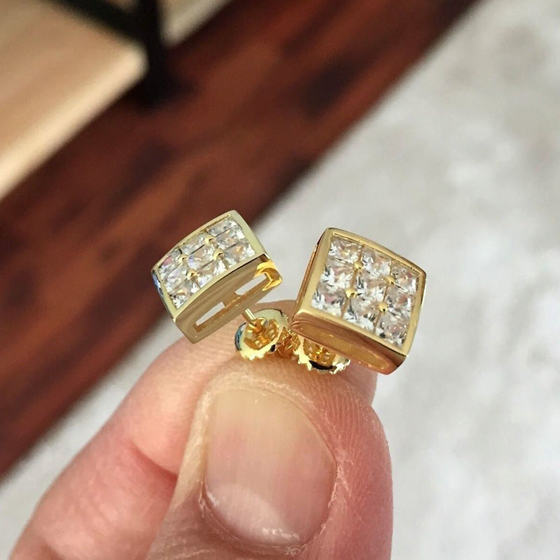 Simple Square Full Diamond Gold-plated Earrings Niche