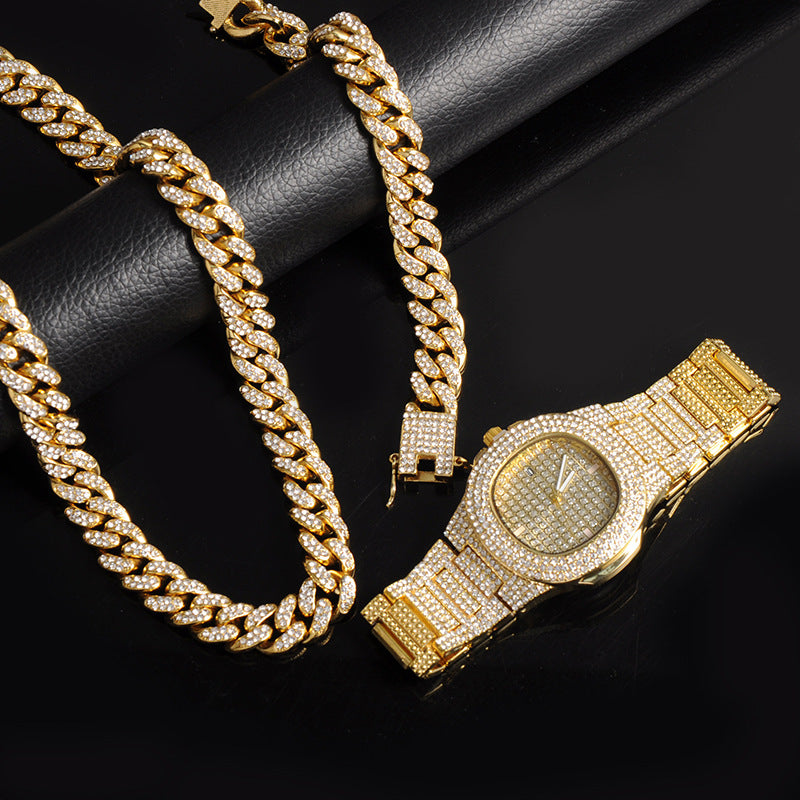 Full Diamond Watch 12mm Gold Plated Necklace Bracelet