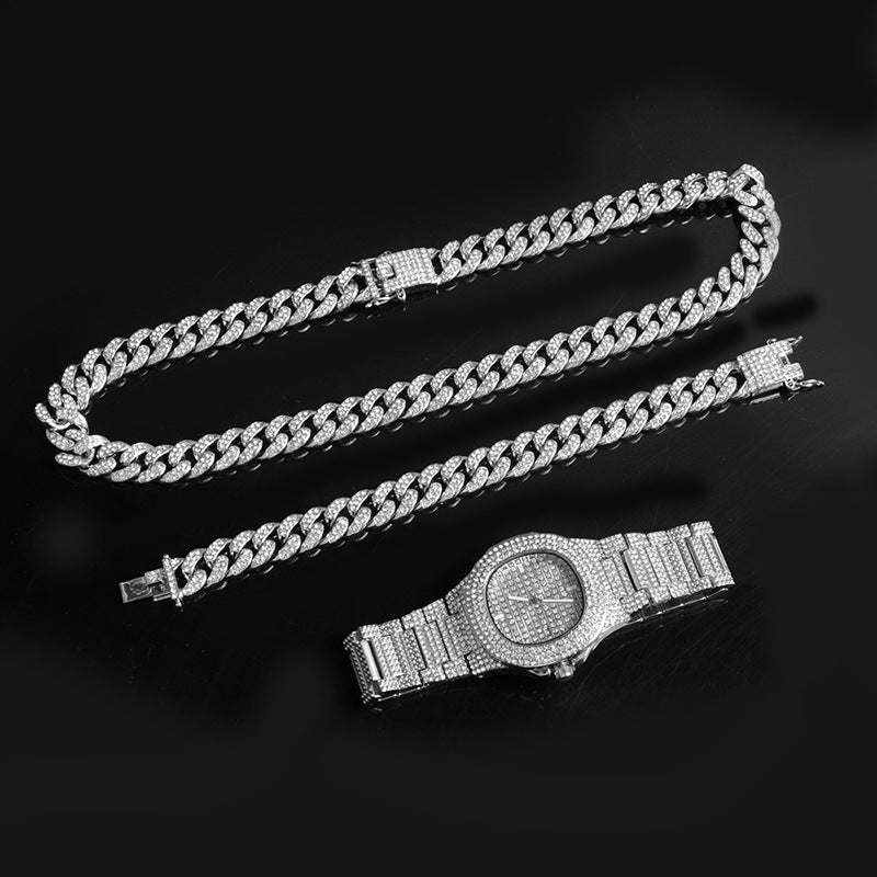 Full Diamond Watch 12mm Gold Plated Necklace Bracelet